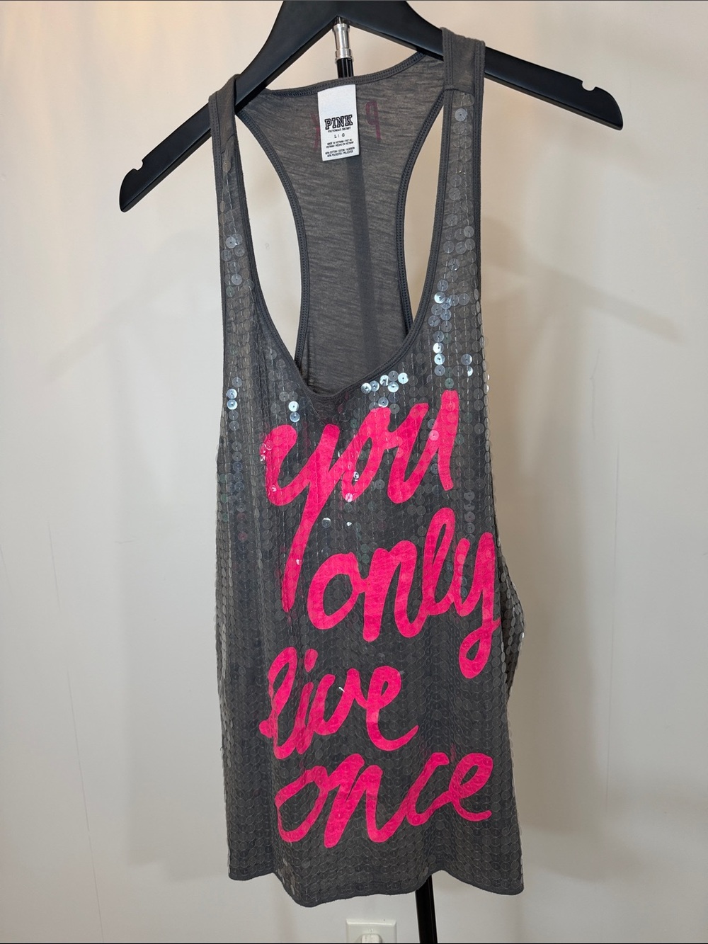 PINK Victoria's Secret Gray Sequin Racerback Tank with Hot Pink Script